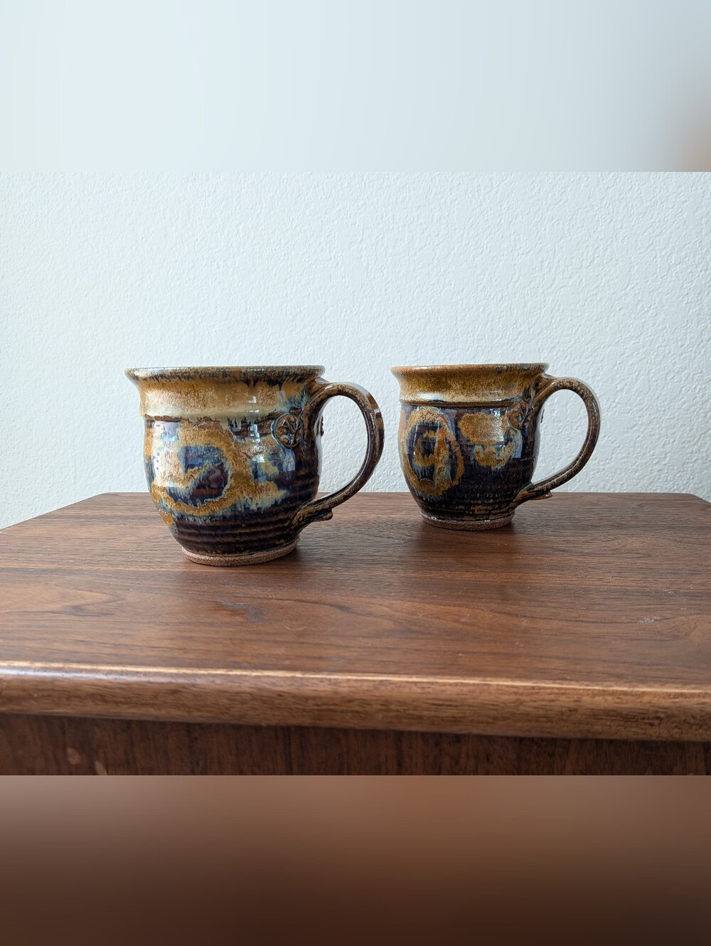 Handmade Studio Art Pottery Coffee Set Of 2 Blue Brown Signed 4.75x4.5
